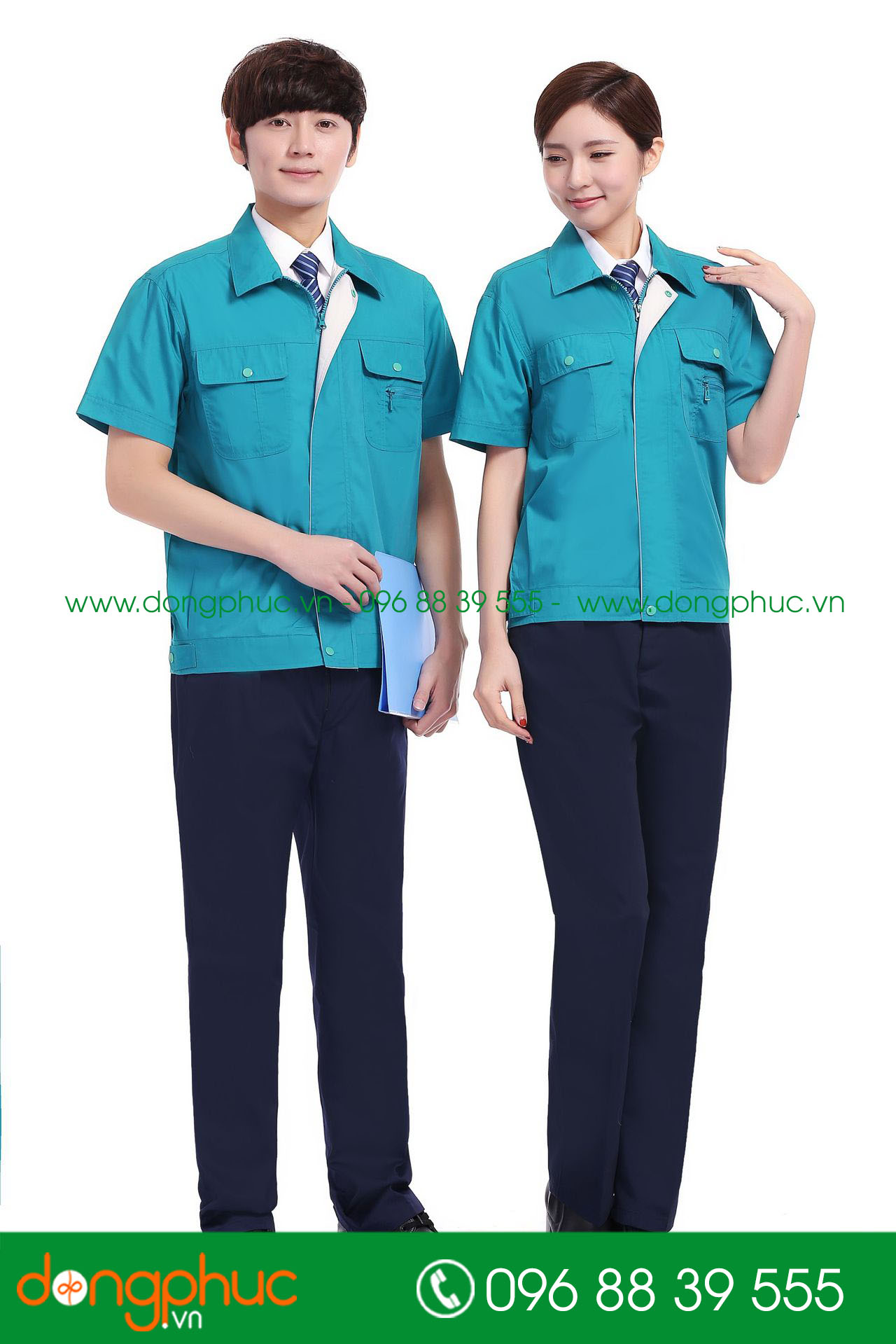 Mẫu bảo hộ màu xanh YA phối ghi cộc tay